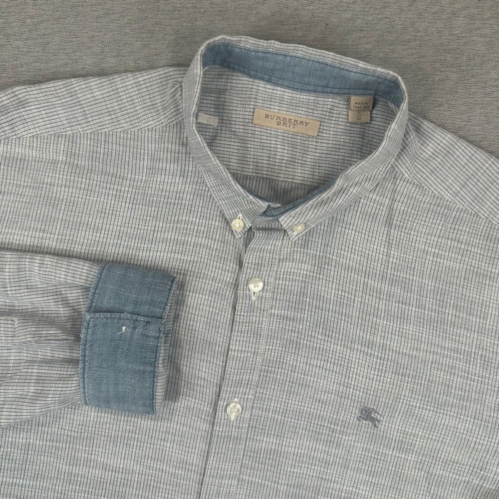 Burberry Brit Dress Shirt Mens Large Blue White Micro Stripe Cotton Button Down